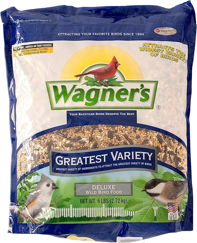 Squirrel Buster Mini Squirrel-Proof Bird Feeder w/4 Metal Perches, 0.98-Pound Seed Capacity & Wagner's 62034 Greatest Variety Blend Wild Bird Food, 6-Pound Bag