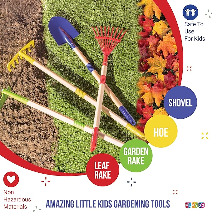 Play22 Kids Garden Tool Set Toy 4-Piece - Shovel, Rake, Hoe, Leaf Rake, Wooden Gardening Tools for Kids Best Outdoor Toys Gift for Boys and Girls