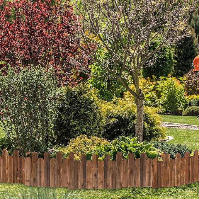 Soaoo 10 Pack Wood Garden Edging Border Outdoor Flexible Landscape Border Fence Decorative Lawn Edging with Gloves for Flower Bed Pathway Garden Yard (40 ft)