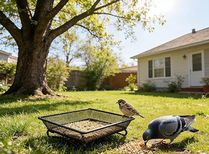 2 Pcs Deck Railing Bird Feeder, Tray for Balcony7×7×2 Inches, with 4 Elastic Cords and Ground Netting, Suitable for Outdoor Areas Such as Backyards and Gardens.
