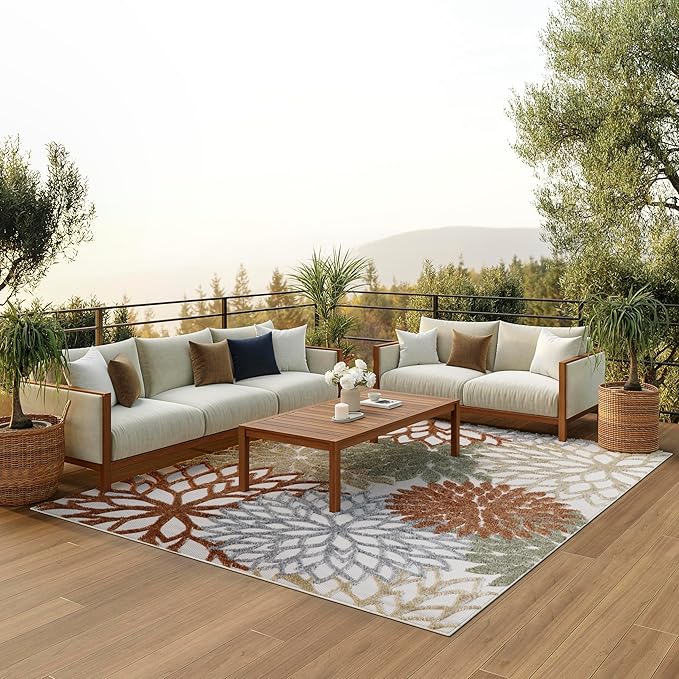 Nourison Home Aloha Indoor-Outdoor Ivory Multicolor 9' x 12' Area Rug, Easy Cleaning, Non Shedding, Bed Room, Living Room, Dining Room, Backyard, Deck, Patio (9x12)