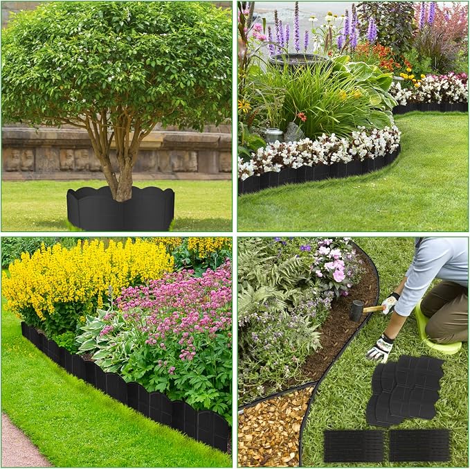 50ft Black Garden Edging Border, 50Pcs Landscape Edging with 50Pcs Stakes for Lawn, Flower Bed, Yard