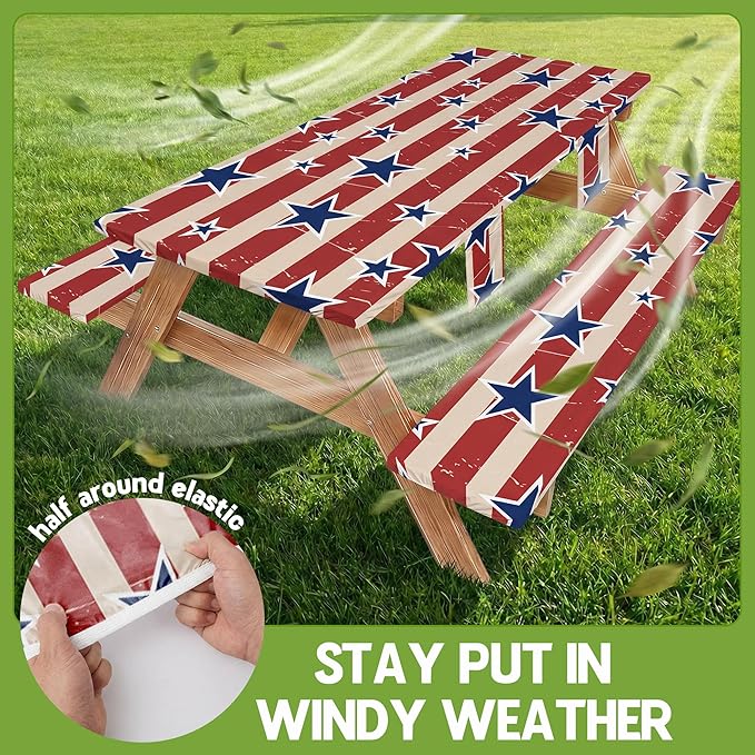 Picnic Table Cover with Bench Covers Waterproof Vinyl Elastic Rectangle Fitted Table Cloth Camping Lovers Essentials Rv Car Travel Overlanding Outdoor Roadtrip Road Trip Women Men Camper Gifts 8 Foot