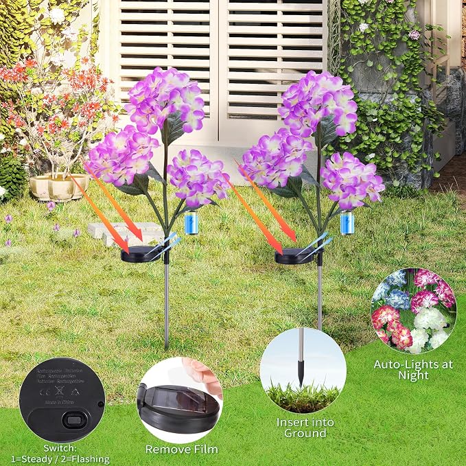 4-Pack Solar Hydrangea Garden Decor, 4 LED Flower Stake Lights - Waterproof Long-Lasting Outdoor Solar Patio Decor for Lawn, Yard & Pathway