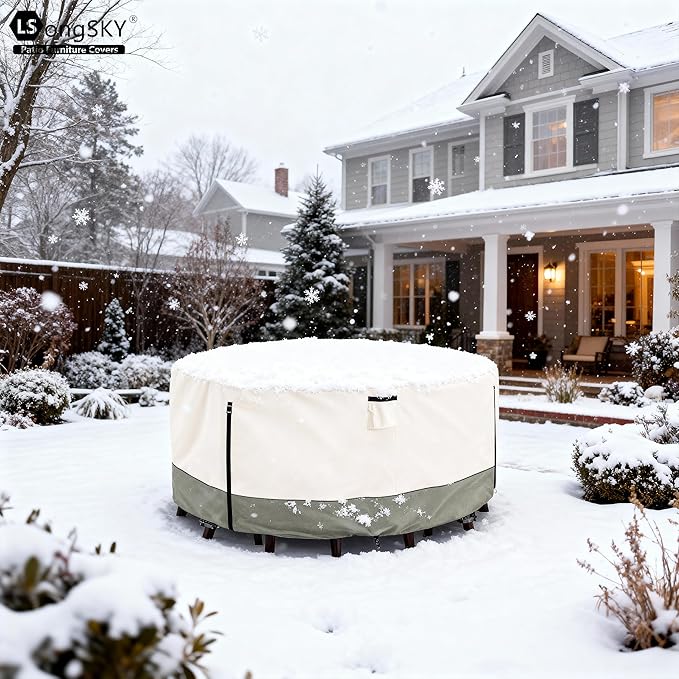 Round Patio Furniture Covers,600D Heavy Duty Waterproof Outdoor Furniture Cover for Round Dining Table with Rocking Swivel Chairs Set,72" Dia x 28" H Beige
