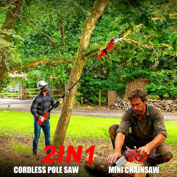 2-in-1 Electric Pole Saws & 6 Inch Cordless Mini Chainsaw for Tree Trimming with Extension Pole & 2Pcs Battery Powered, 16 Feet Electric Pole Chainsaw, Tree Trimmer Limb Branch Cutter Pruner-Red