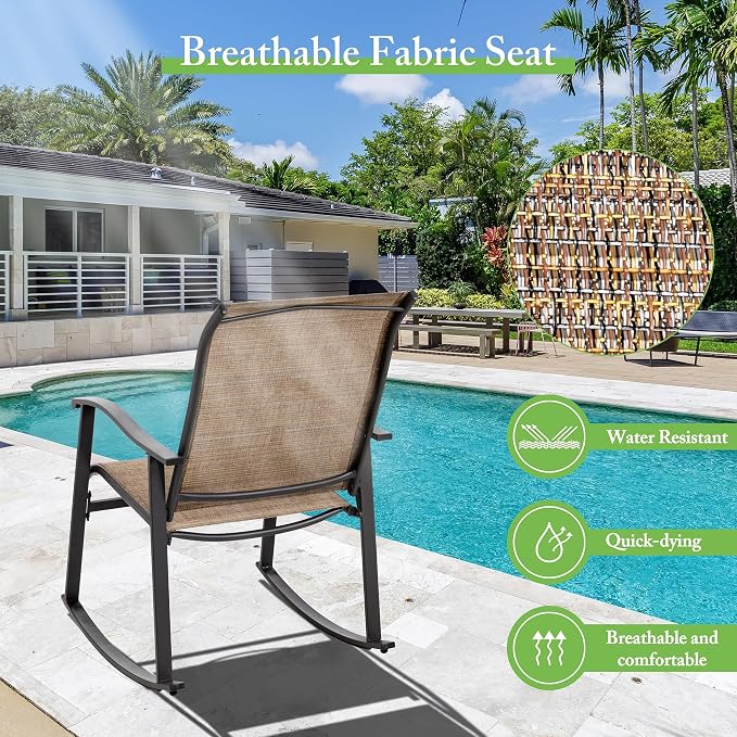 Shintenchi Rocking Chair Outdoor with Table, 3 Piece Rocking Patio Bistro Set, Outdoor Furniture Set with Metal Frame and Textilene Fabric for Small Space, Brown