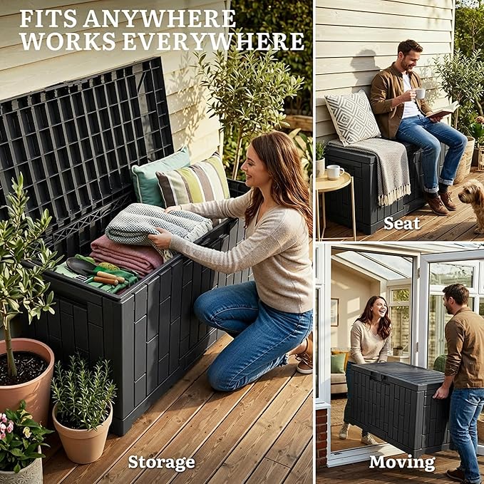 YITAHOME 60 Gallon Resin Deck Box, Weather Resistant Outdoor Rattan Storage Box with Slide-Locking Lid, Lockable Indoor Outdoor Storage for Supplies and Essentials, Black
