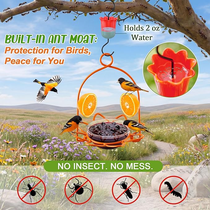 2 Pack Oriole Feeder for Outdoors, Metal Oriole Bird Feeder with Jelly Cup & Orange Pegs, Includes Ant Moat & Cleaning Brush, Hanging Bird Feeders for Backyard & Garden