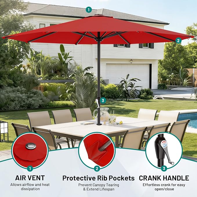 AreShark 12 FT Patio Umbrella for Outdoor, Outdoor Table Umbrella with Push Button Tilt and Crank, Outdoor Patio Umbrellas with 8 Sturdy Ribs, Patio Umbrellas for Market, Garden, Pool (Red)