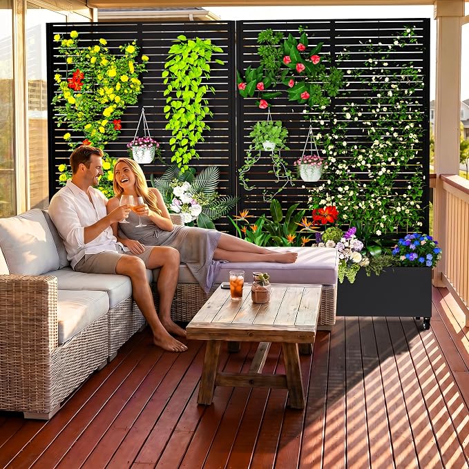 MTART Metal Planter Box with Trellis, 72.1"x47.2"x16" Outdoor Galvanized Raised Garden Bed with Privacy Screen & Drainage Holes & Lockable Casters for Climbing Plants, Vegetable (Louvered-Black1)