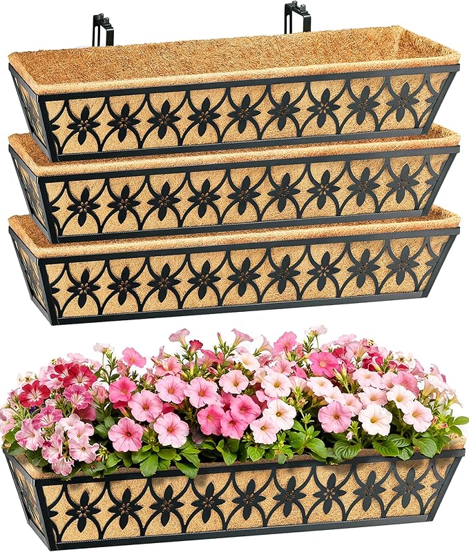 30 Inch Window Boxes Planters Railing Planter Box - 4 Pack Deck Railing Planter Boxes with Adjustable Brackets Coco Liners Balcony Planters Railing Hanging for Window Flower Boxes Outdoor Garden Decor