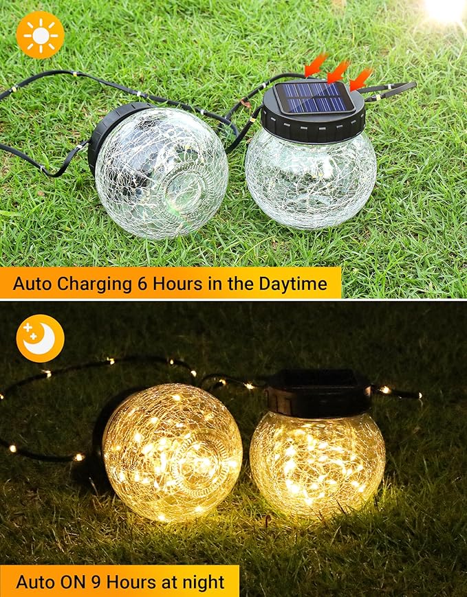 PARTPHONER Solar Lanterns Solar Lights Outdoor Waterproof 18-Pack, Solar Powered Hanging Lights Cracked Glass Hanging Globes for Christmas Decoration, Shepherd Hook, Garden Tree Ornaments