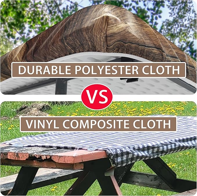 Picnic Table Cover with Bench Covers Camping Essentials Wooden Brown Outdoor Table Cloth with Elastic Rustic Waterproof Fitted Camping Tablecloth for RV Picnic Travel