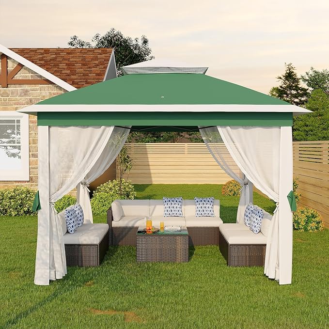 GarveeLife 11'x11 Pop-Up Gazebo, Instant Outdoor Canopy Tent with Mosquito Nettings, Durable Steel Frame, Water, and UV Proof, for Patio, Garden, Courtyard, Party (Green)