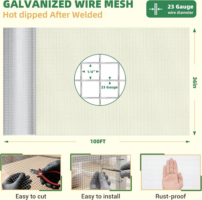 Jotesnew Galvanized Hardware Cloth 36in x 100ft, 1/4 inch Silver Hot Dipped Galvanized Welded Cage Wire Mesh, 23Gauge Wire Mesh Roll for Gardens, Chicken Coops & Poultry Netting Cage Fence