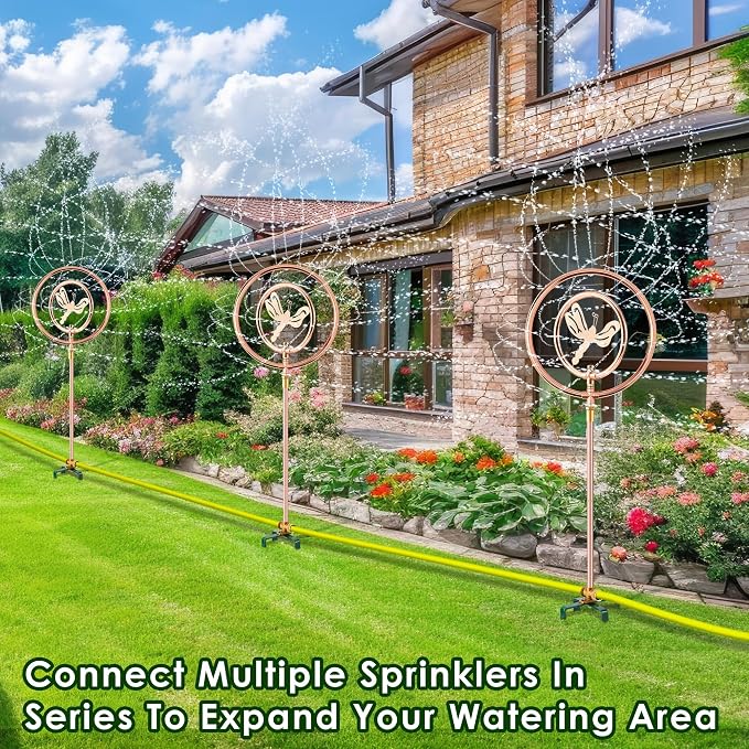 34" H Copper Coated Stainless Steel Ornamental Sprinkler, Corrosion Resistant Garden Rotating Sprinkler 360 Degree Shape Decorative for Lawn Garden Landscape(Double Ring Butterfly)