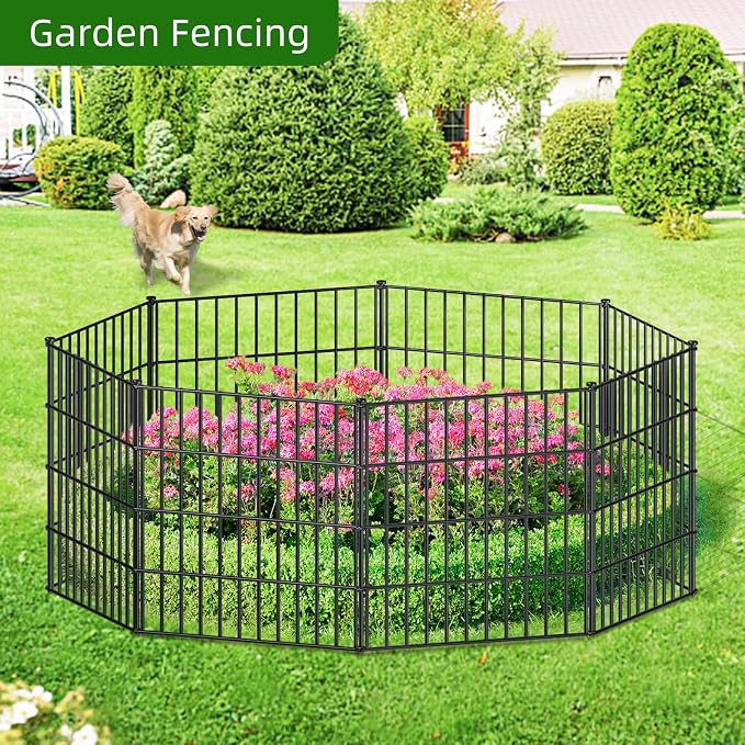 FOREHOGAR Metal Garden Fence 28in (H) x 18.7ft (L), 8 Panels + 9 Stakes Dog Fence Border Fence Animal Barrier, No Dig Garden Fencing for Yard Flower Bed Lawn Patio Outdoor, PIN282808 Black