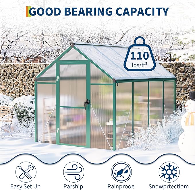 Garvee 6 x 8 ft Greenhouse, Greenhouses for Outside, Polycarbonate Greenhouse with Aluminum Frame, Lockable Door and Ajustable Roof Vent for Backyard, Green Houses for Outside Garden Backyard, Patio