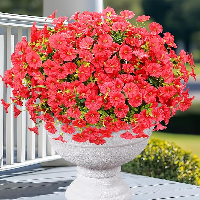 Yastouay Artificial Flowers for Outdoors, 26 Bundles Fake Outdoor Flowers, UV Resistant Artificial Plants & Flowers for Decoration, Red Realistic Morning Glory for Outdoor Porch Garden Decoration