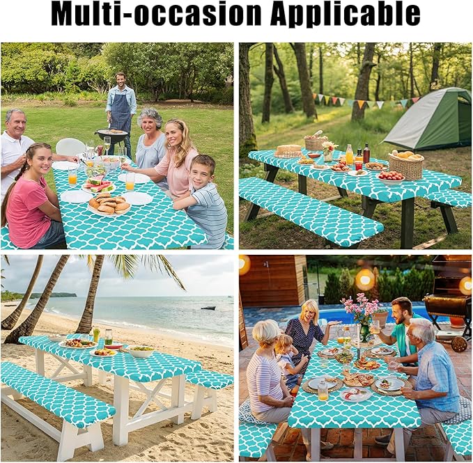 Smiry Picnic Table Cover with Bench Covers, Waterproof Elastic Fitted Tablecloth for 5 Foot Tables, Washable Polyester Tablecloths for Camping, Indoor & Outdoor (Teal, 30x60 Inch 3-pc Set)