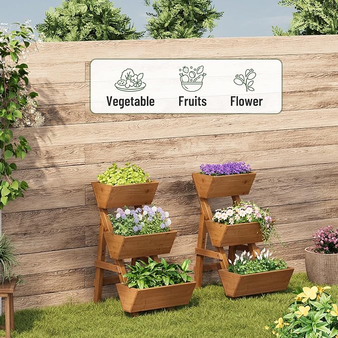 Vertical Wooden Raised Garden Bed, Garden Planters Freestanding Wood Plant Stand Flower Rack Wooden Planter Box for Plants Herbs Flowers Vegetables Outdoor Indoor Gardening (3-Tier Small Brown)
