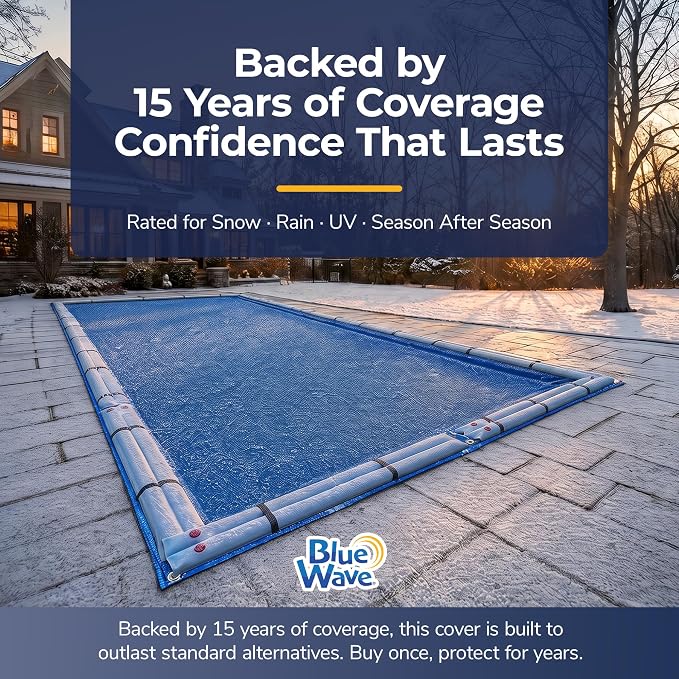 Blue Wave Gold 15-Year 20-ft x 44-ft Rectangular In Ground Pool Winter Cover | Solid polyethylene, black underside, heat-sealed seams, grommets, cable, winch, 5-ft overlap, 15-yr support, blocks debris