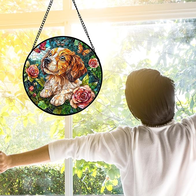 DASTOLL Stained Glass Window Hanging, Dog and Rose Suncatcher for Doors Home Butterfly Sun Catchers Decoration and Christmas, Mother's Day Birthday Gifts for Women, Men, and Mom 7.8 in