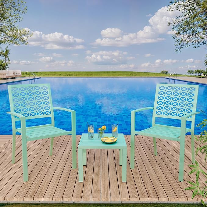 GarveeTech 3 PCS Outdoor Bistro Set, Stackable Modern Metal Steel Table and Chairs, Small Patio Furniture Conversation Set for Porch, Deck, Balcony, Garden, Geometric Decor - Mint Green