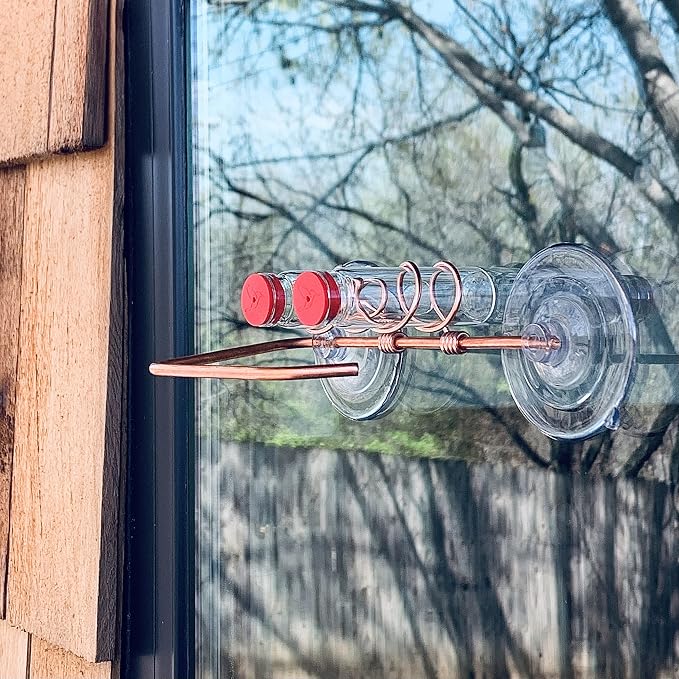 Duo Feeder | Window Hummingbird Feeder | Copper and Aluminum | Multiple Stations | Modern Hummingbird Feeder | Glass Bottles | Suction Cups (Copper, Two Station - Wide Perch)