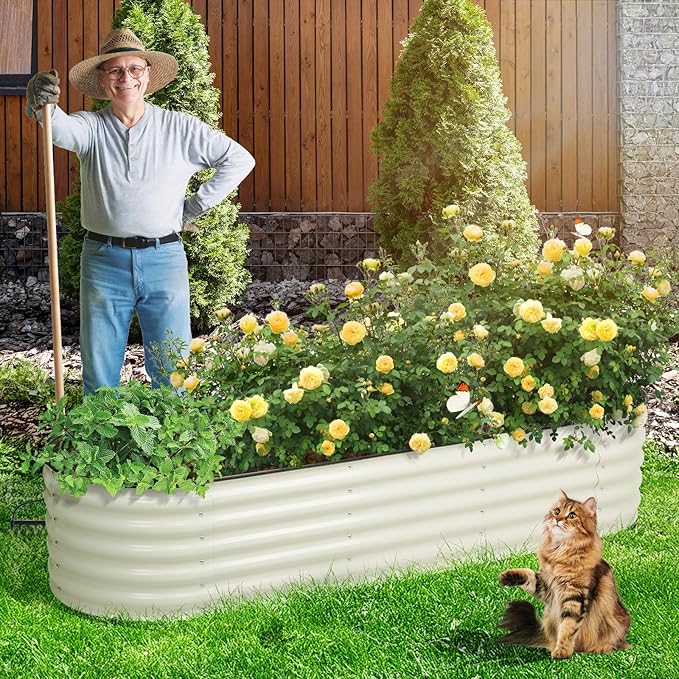 Aoodor 17" Tall Oval Galvanized Raised Garden Bed Kit, 6-in-1 Large Metal Outdoor Planter Box for Vegetables, Flowers, and Herbs, 7.5 x 2.3 x 1.5 Ft, Beige