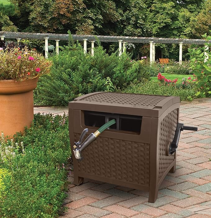 Suncast 175 ft. Wicker Style Resin Hose Hideaway with Hose Guide, Java & 33 Gallon Hideaway Can Resin Outdoor Trash with Lid Use in Backyard, Deck, or Patio, 33-Gallon, Brown