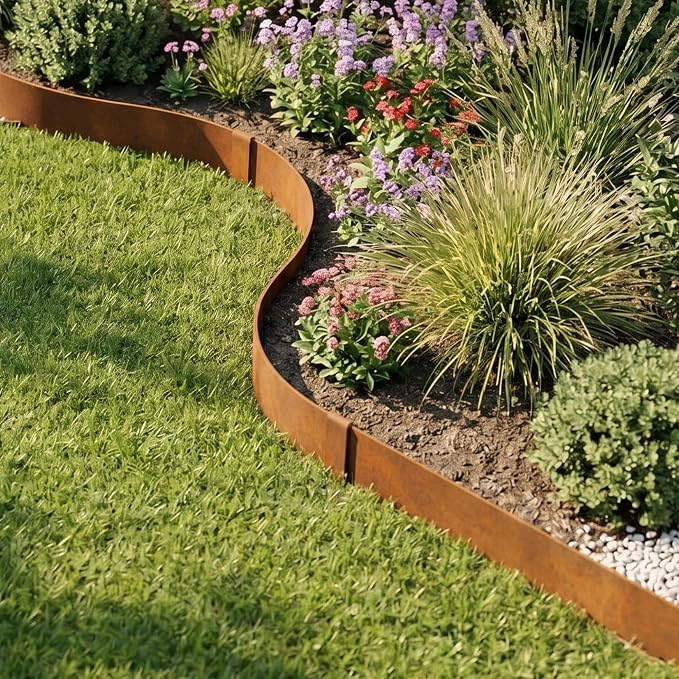Worth Garden 20ft Pre-Rusted Cor-Ten Steel Landscape Edging – Heavy Duty Metal Garden Edging Border, 40" L x 6-Pack 5.5" H Panels, No-Dig Hammer-in Lawn & Yard Edging with 7 Clamps & Gloves