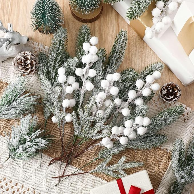 Lyrow 80 Pieces Christmas Snowy Pine Tree Picks Artificial Berry Stems Sprays Faux Cedar Pine Needles Branches for Holiday Arrangement Wreath DIY Garland Holiday Decor Winter Greenery (White)