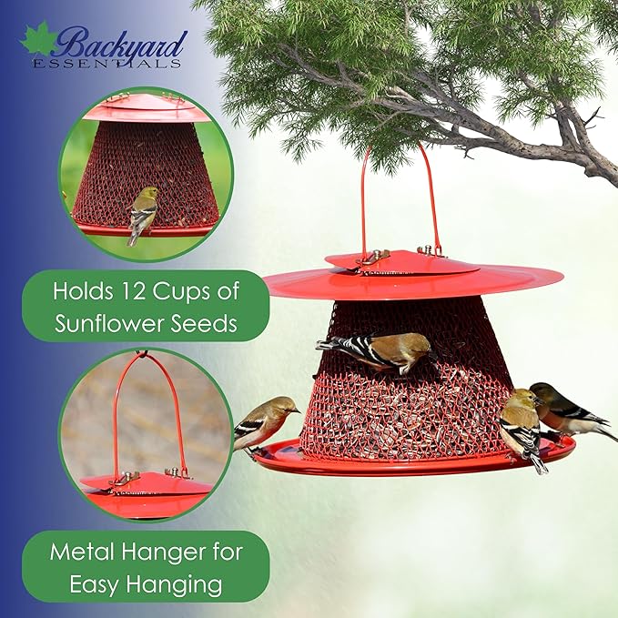 Collapsible Metal Mesh Bird Feeder with Tray - Red Cardinal Bird Feeder - Holds 12 Cups of Sunflower Seeds