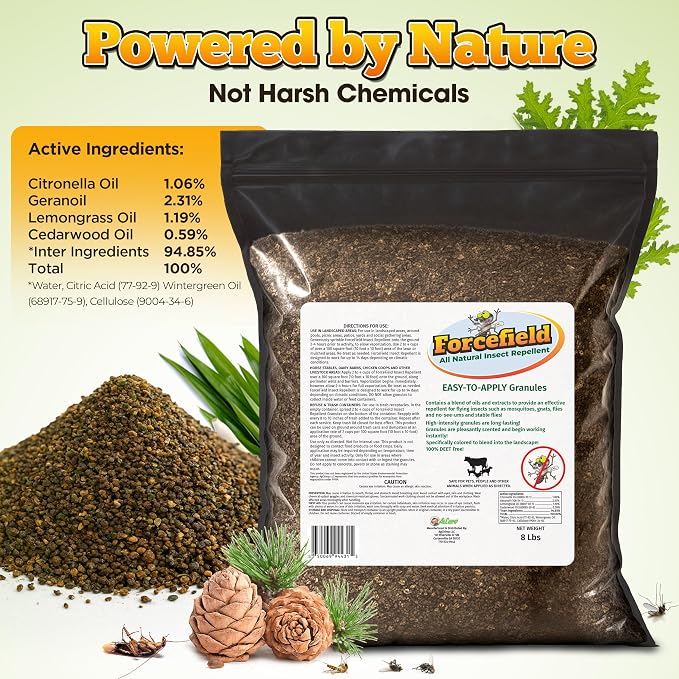 ForceField Natural Mosquito Yard Treatment - Repellent Granules for Backyard Mosquito Control | Pet Safe, DEET-Free Outdoor Control | Long-Lasting Barrier for Lawns, Patios, & Barns 8 LB
