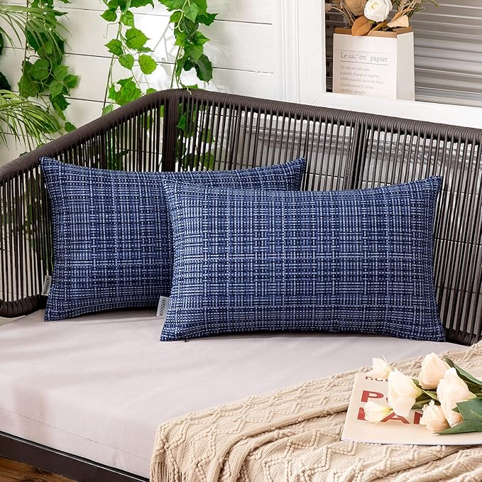 MIULEE Outdoor Waterproof Throw Pillow Covers Decorative Farmhouse Water Resistant Cushion Covers for Tent Patio Garden Couch Sofa Pack of 2, 12x20 Inch Navy Blue