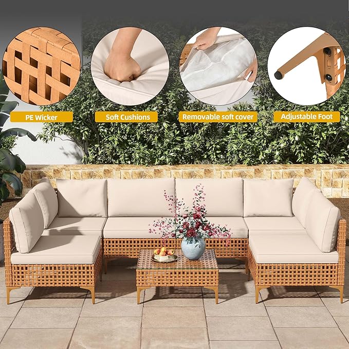 DWVO 7 Pieces Patio Furniture Set, PE Rattan Wicker Patio Conversation Set for Patio Backyard Poolside Porch, Outdoor Sectional Sofa with Coffee Table & Cushions