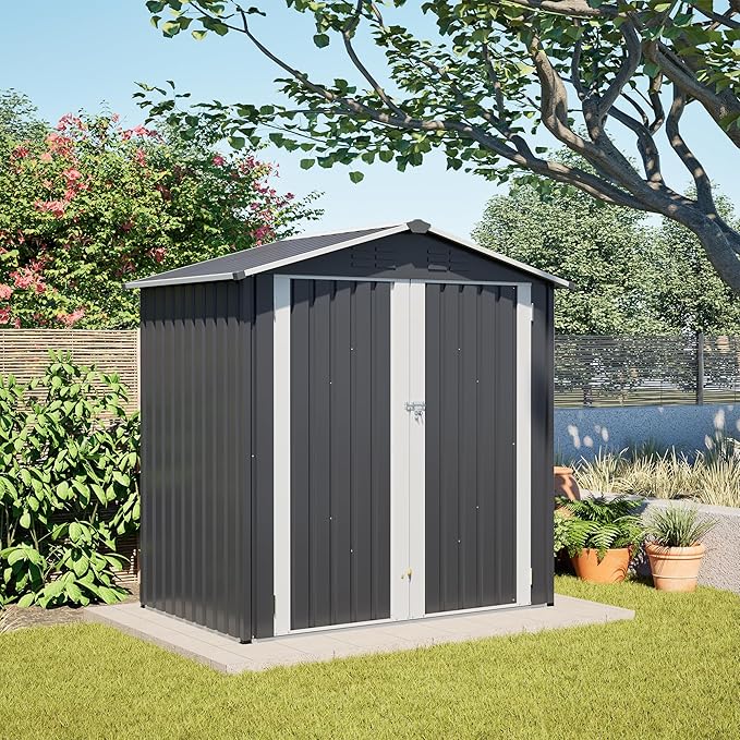 YOPTO 6 x 4 FT Outdoor Storage Shed with Floor Base & Lockable Hinge Door,Metal Garden Shed W/Sloped Roof,for Backyard Patio Lawn,Gray