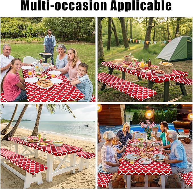 Smiry Picnic Table Cover with Bench Covers, Waterproof Elastic Fitted Tablecloth for 8 Foot Tables, Washable Polyester Tablecloths for Camping, Indoor & Outdoor (Red, 30x96 Inch 3-pc Set)