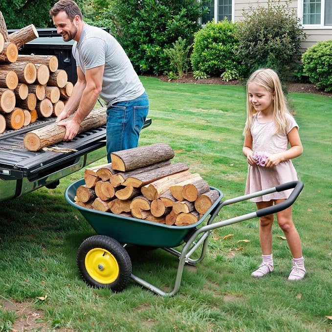 2 Wheel Wheelbarrow, Dual-Wheel Garden Dump Cart with 13" Non-Slip Pneumatic Tires & Ergonomic Padded Handle, Heavy-Duty Home Utility Yard Cart Wagon with 4.5 Cu Ft Capacity for Lawn, Gardening