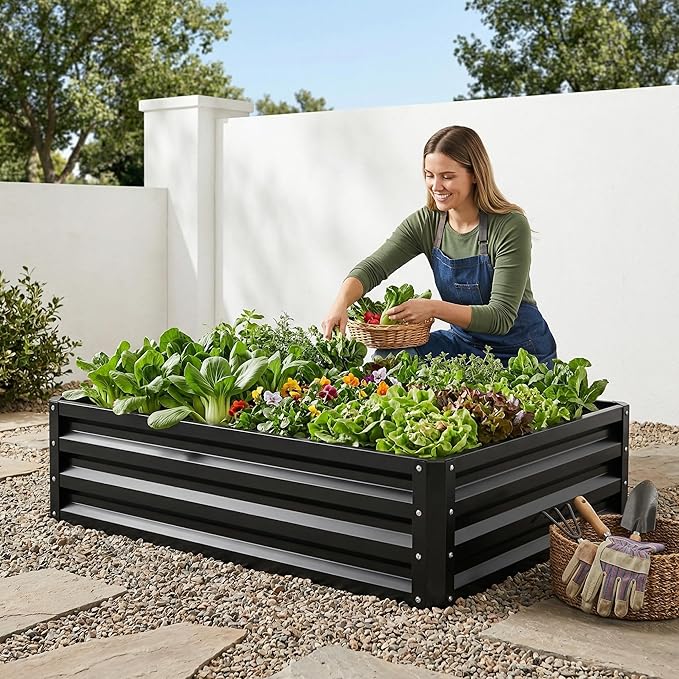 ONCEMORE Raised Garden Bed, Galvanized Steel Raised Garden Bed for Gardening Vegetables Fruit, 20pcs T-Types Tags & 1 Pair of Gloves,8x4x1FT,Black