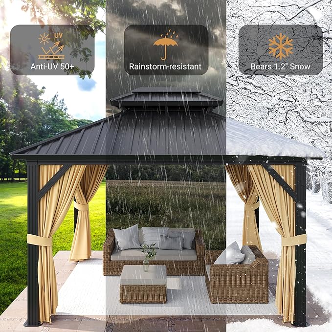 10x12 FT Hardtop Gazebo with Galvanized Steel Double Roof, Heavy-Duty Aluminum Frame Outdoor Gazebo Canopy with Mosquito Netting & Waterproof Curtains for Patio, Backyard, Deck & Lawn