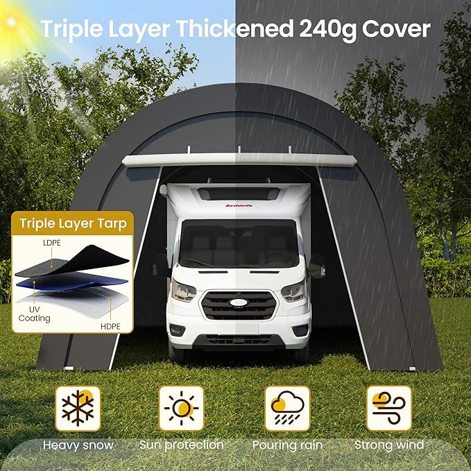 FansaFurn Domed Carport with 4 Cloth Bags, Portable Garage with 2 Roll-up Doors, Heavy Duty Car Canopy Party Tent, All-Season Storage Shelter Shed for Boat, Truck, or Garden Tools, 12' x 25'