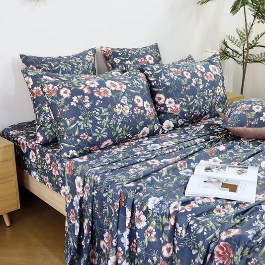 FADFAY Sheets Set Full Vintage Dark Blue Floral Bedding Shabby Peony Floral Sheets Navy French Country Farmhouse Bedding 800 Thread Count 100% Egyptian Cotton Deep Pocket Fitted Sheet 4Pcs, Full Size