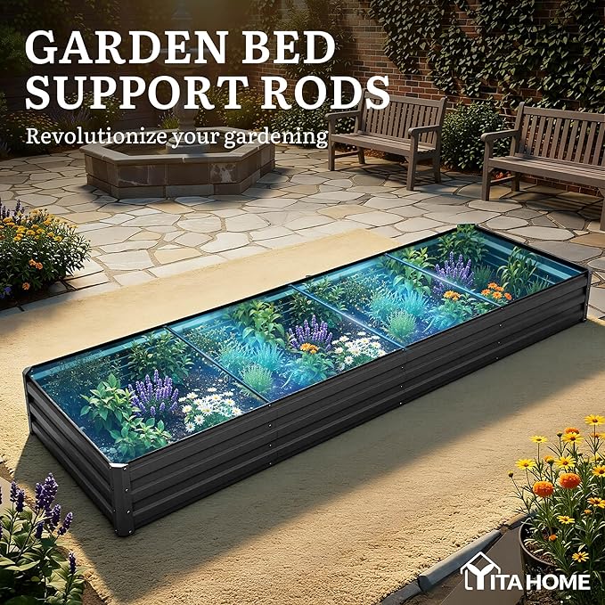 YITAHOME 4pcs 12x4x1 ft Galvanized Raised Garden Bed Kit, Large Metal Planter Box with Gloves, Safety Rubber & Support Rod, Outdoor Flower Bed for Plants Vegetables, Black