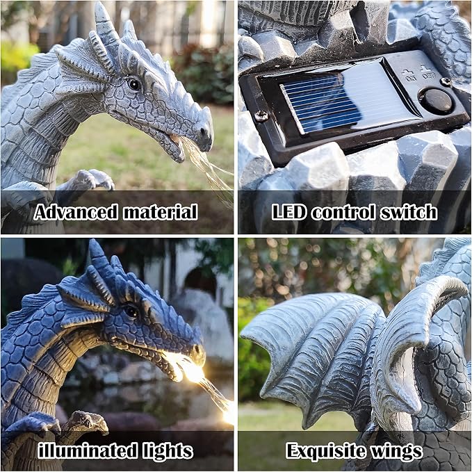 Solar Dragon Garden Statues Outdoor Lights Watering Decor, Resin Dragon Figurine with 30 LED String Lights Lawn Patio Balcony Art Decoration,Housewarming, Birthday,Mothers Day Mom Gifts