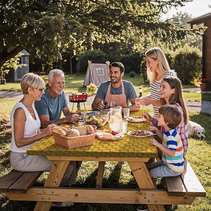 Fitted Picnic Table Cover with Chair Covers Elastic Water Resistant Camping Tablecloth for 6 Foot Rectangle Tables Garden Patio Outdoor Organization Road Trip Hiking Motorhome Essential Gift