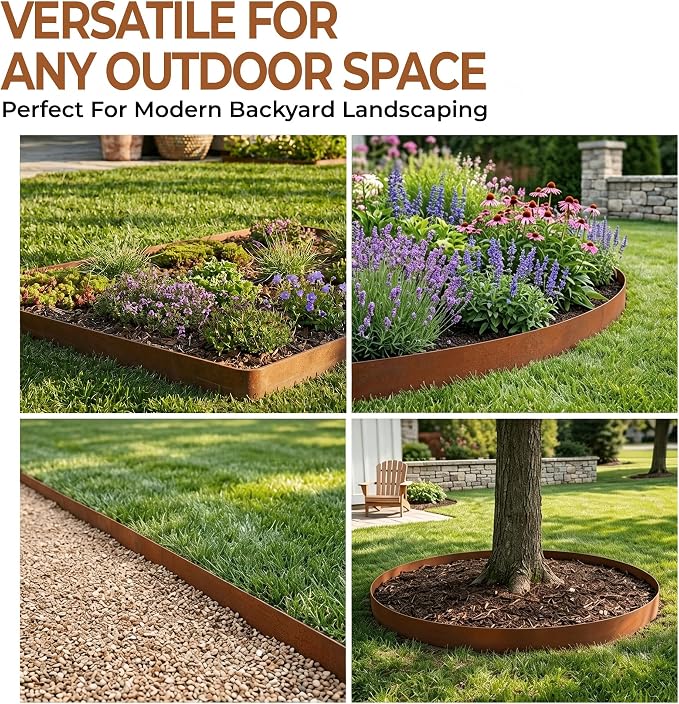 Worth Garden 6-Pack Pre-Rusted Cor-Ten Steel Landscape Edging - 40" L x 6" H Each (20ft Total) - No-Dig Hammer-in Heavy Duty 14-Gauge Metal Edging Border w/ 7 Clips & Gloves - Edge for Lawn Yard