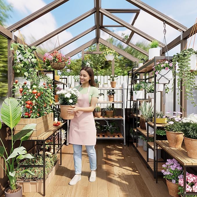 6x8 FT Greenhouse - Large Wooden Greenhouses for Outdoors, Heavy Duty Spruce Frame Greenhouse with PC Panels, Adjustable Roof Vents & Lockable Door, Walk-in Green Houses for Garden, Backyard, Patio